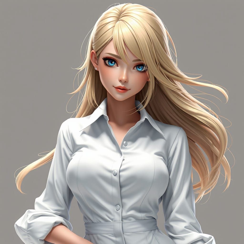 Stunning Blonde Woman in Elegant White Dress