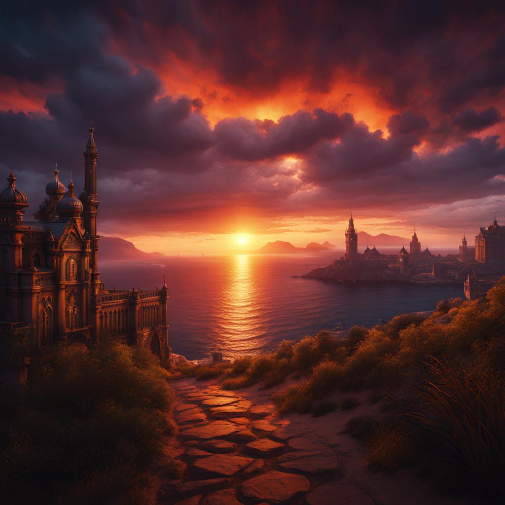 Sunset Over Bay: Detailed Matte Painting