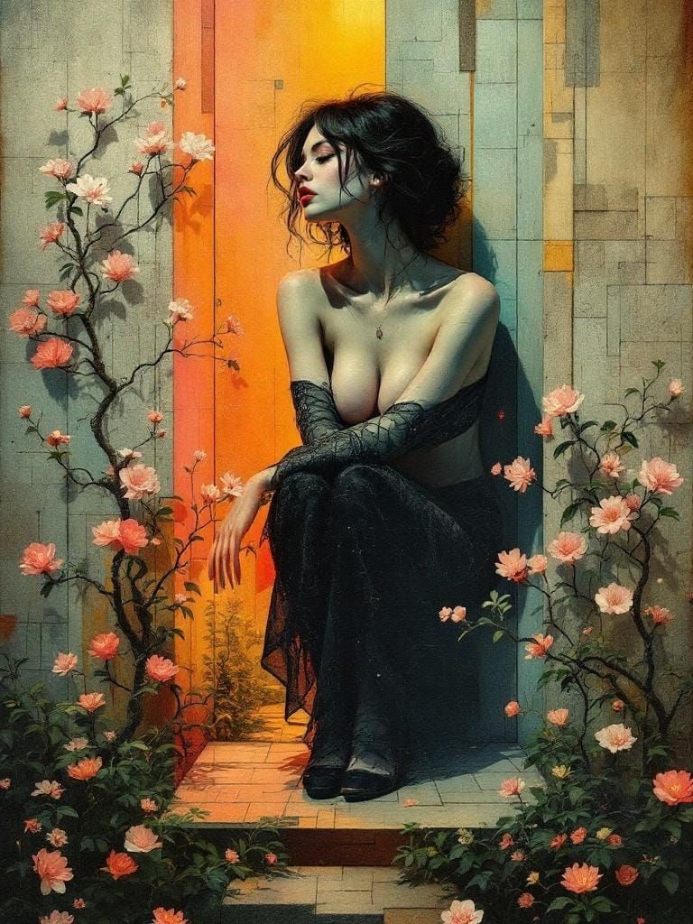 Surreal Geometric Pin-Up in Retro Garden, Beksiński-de Chiri...