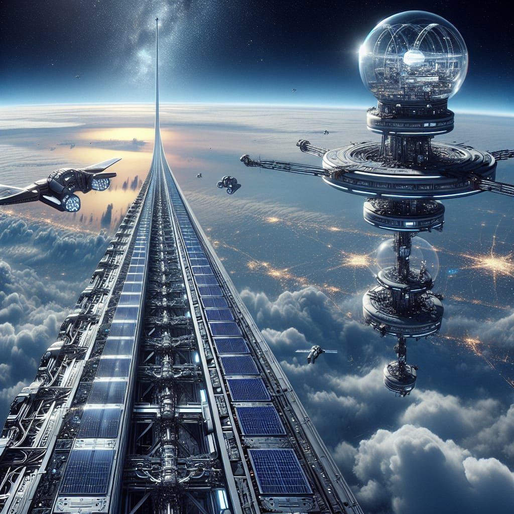 Futuristic Space Elevator to Orbiting Space Station