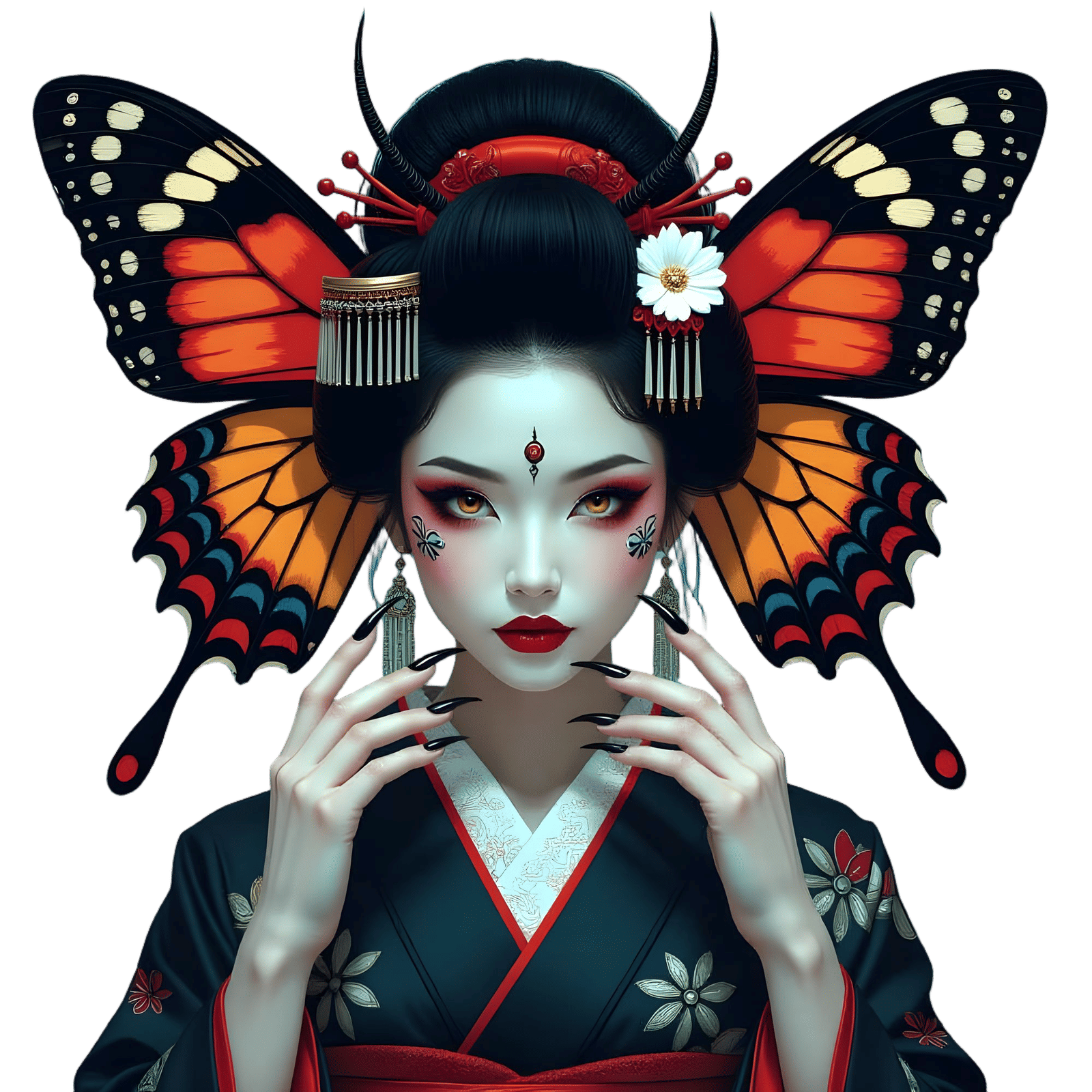 Creepy Geisha with Moth Wings in Psychedelic Style