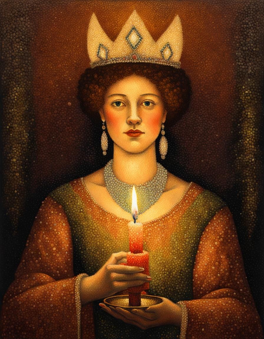 Pointillist Woman with Candle in Opulent Style