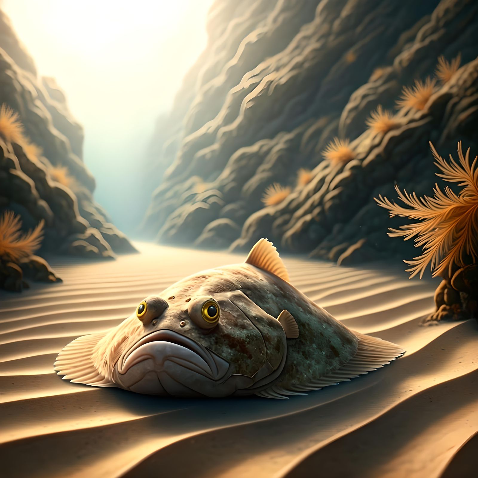 Camouflaged Flatfish on Ocean Floor in Impressionist Style