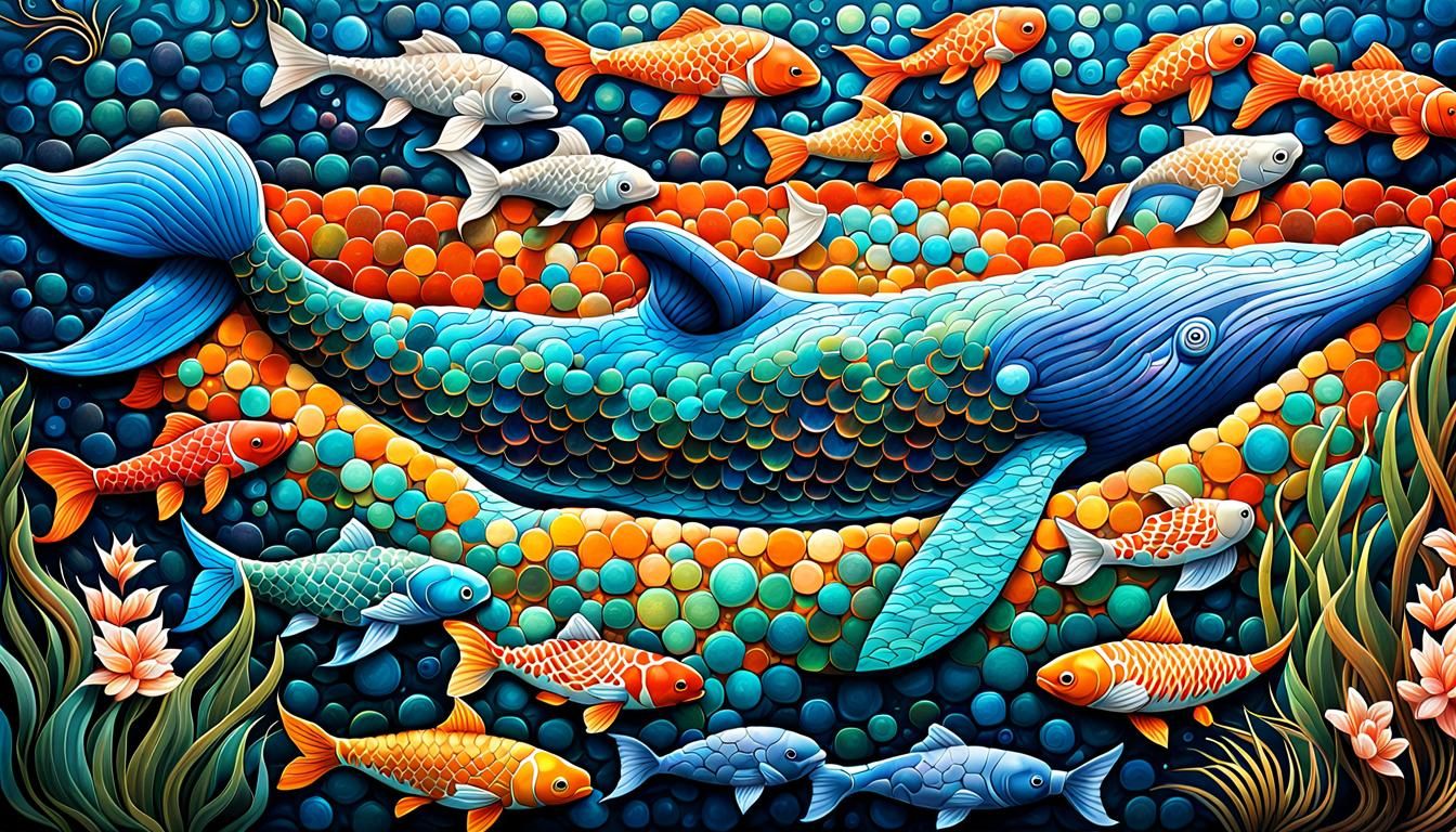 Underwater Mosaic of a Space Whale in Koi Pond
