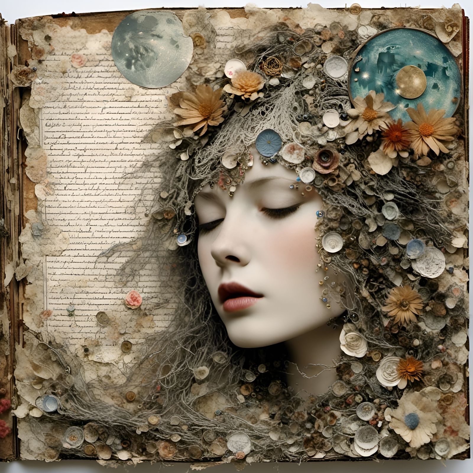 Moonlit Collage Portrait with Mixed Media Elements
