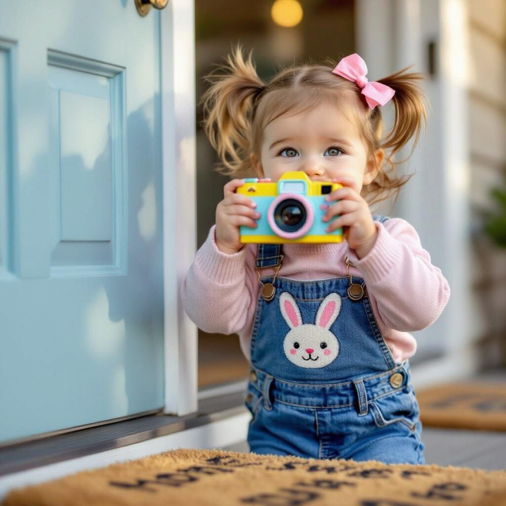 Innocent Girl Peeks Through Toy Camera by Blue Door