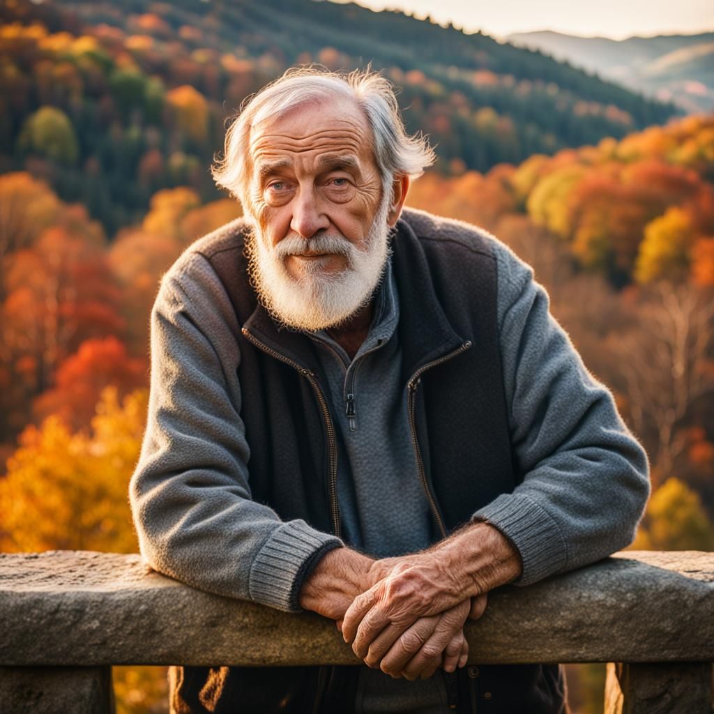 Old Man Gazing at Autumnal Hillside Portrait
