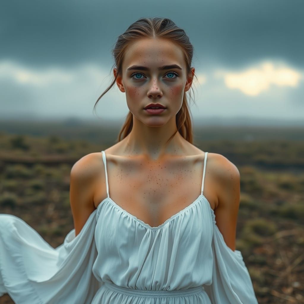 Dramatic Woman in Foggy Landscape, Cinematic Quality