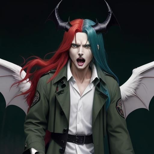 Red Haired Demon and Blue Haired Angel in Anime Style