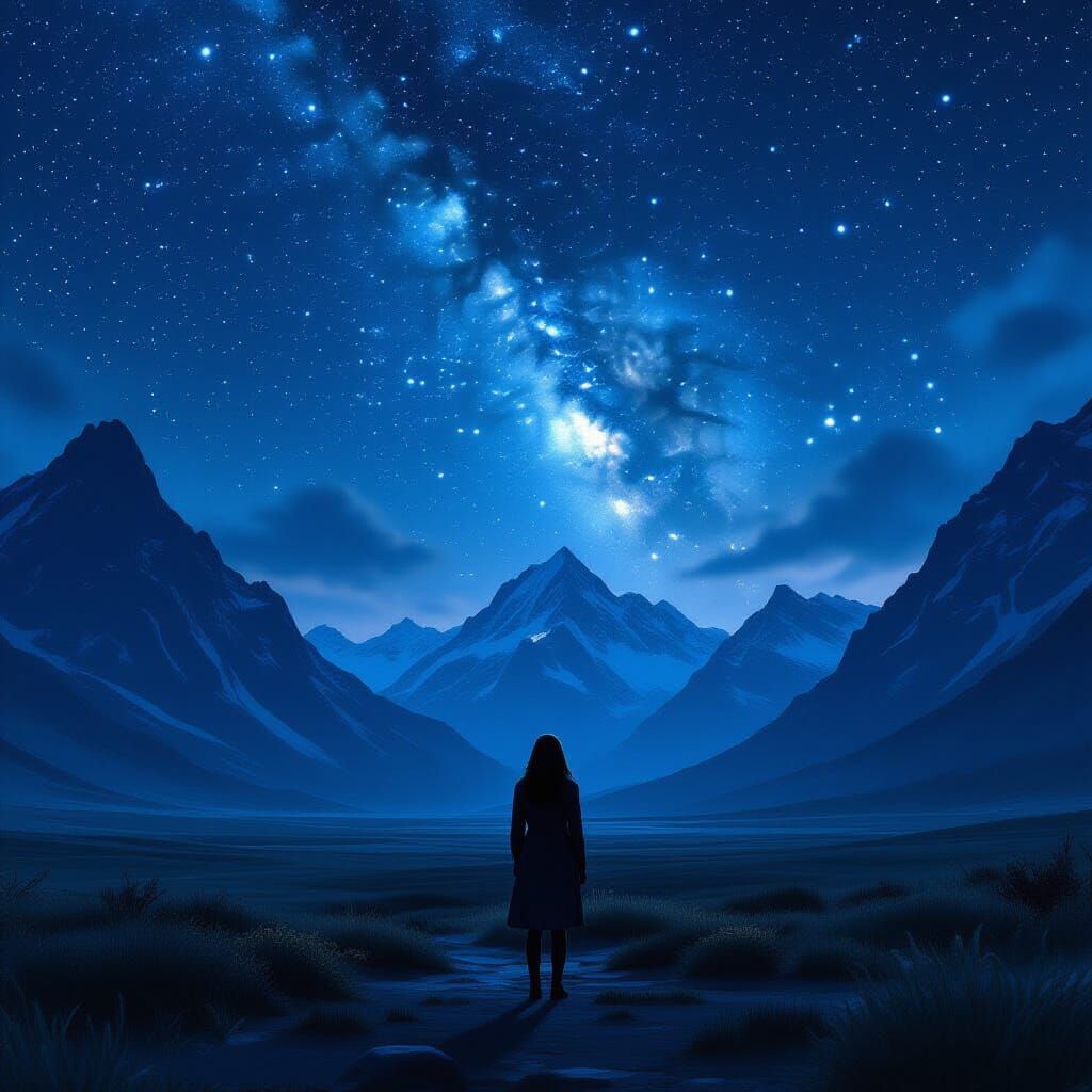 Woman Under Stars in Dramatic Landscape