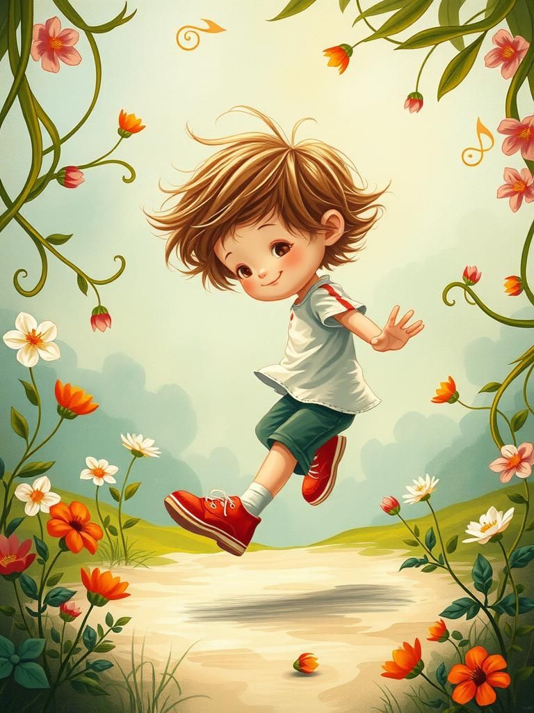 Child Hopping in Lush Garden, Carne Griffiths Style