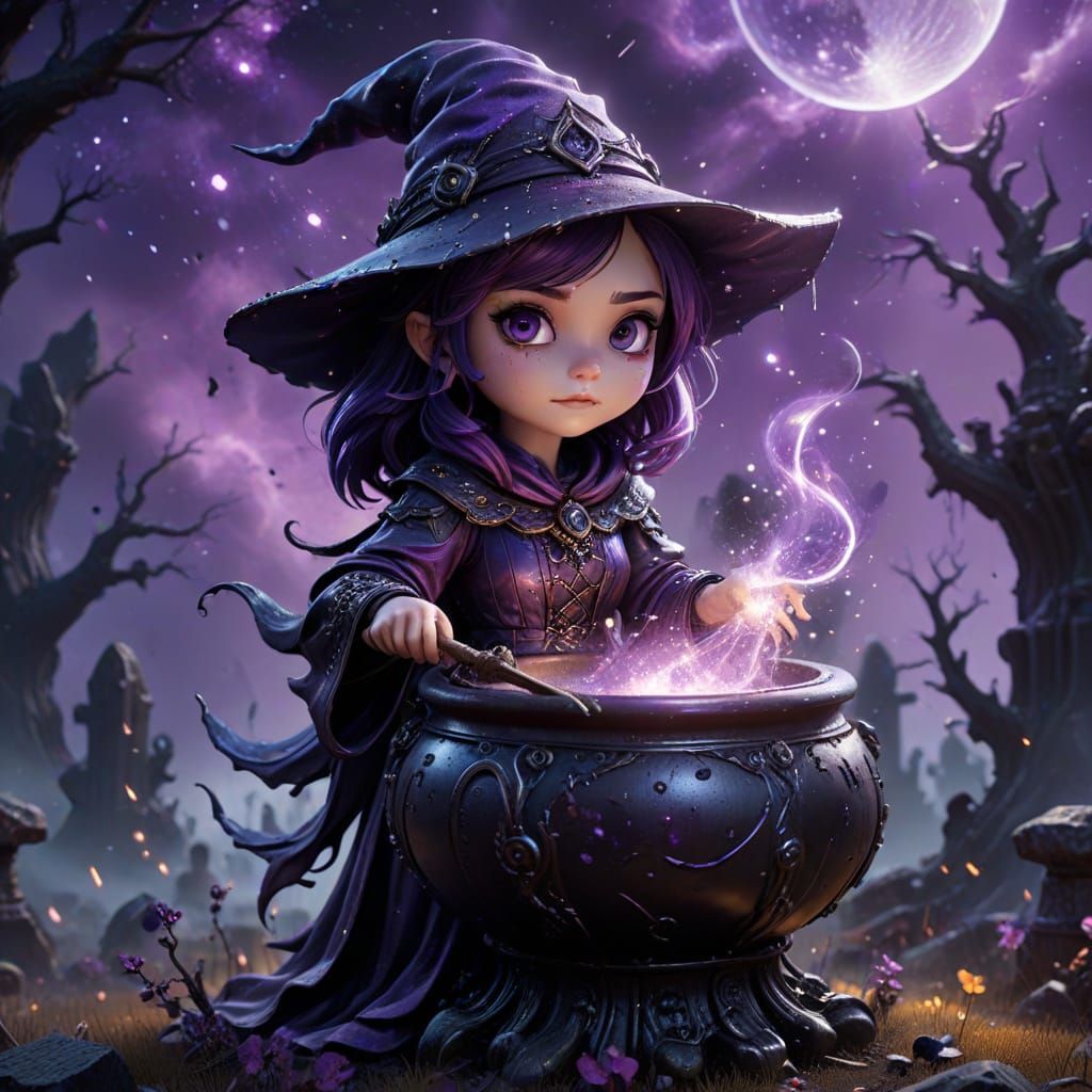 Chibi Witch Brews Cosmic Potion in Moody Graveyard