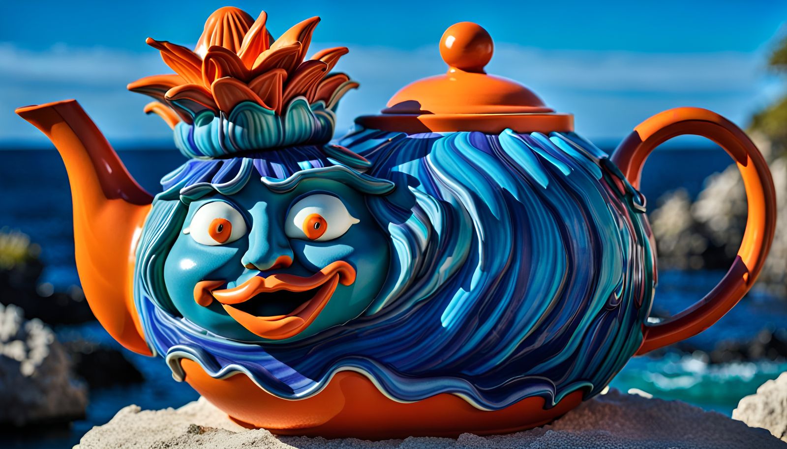 Shattered Teapot Pouring Water in Stormy Ocean