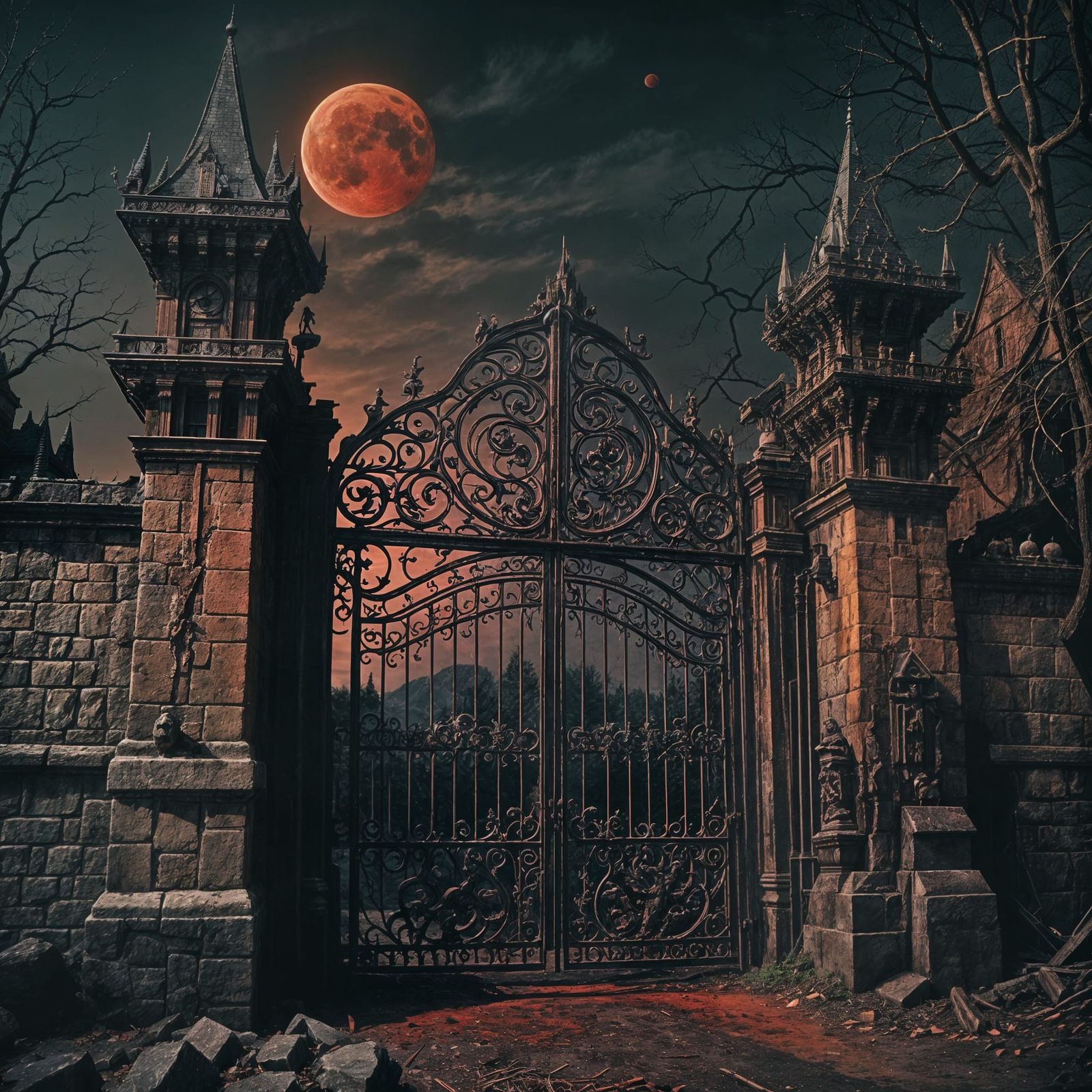 Evil Castle Gate with Blood Red Moon