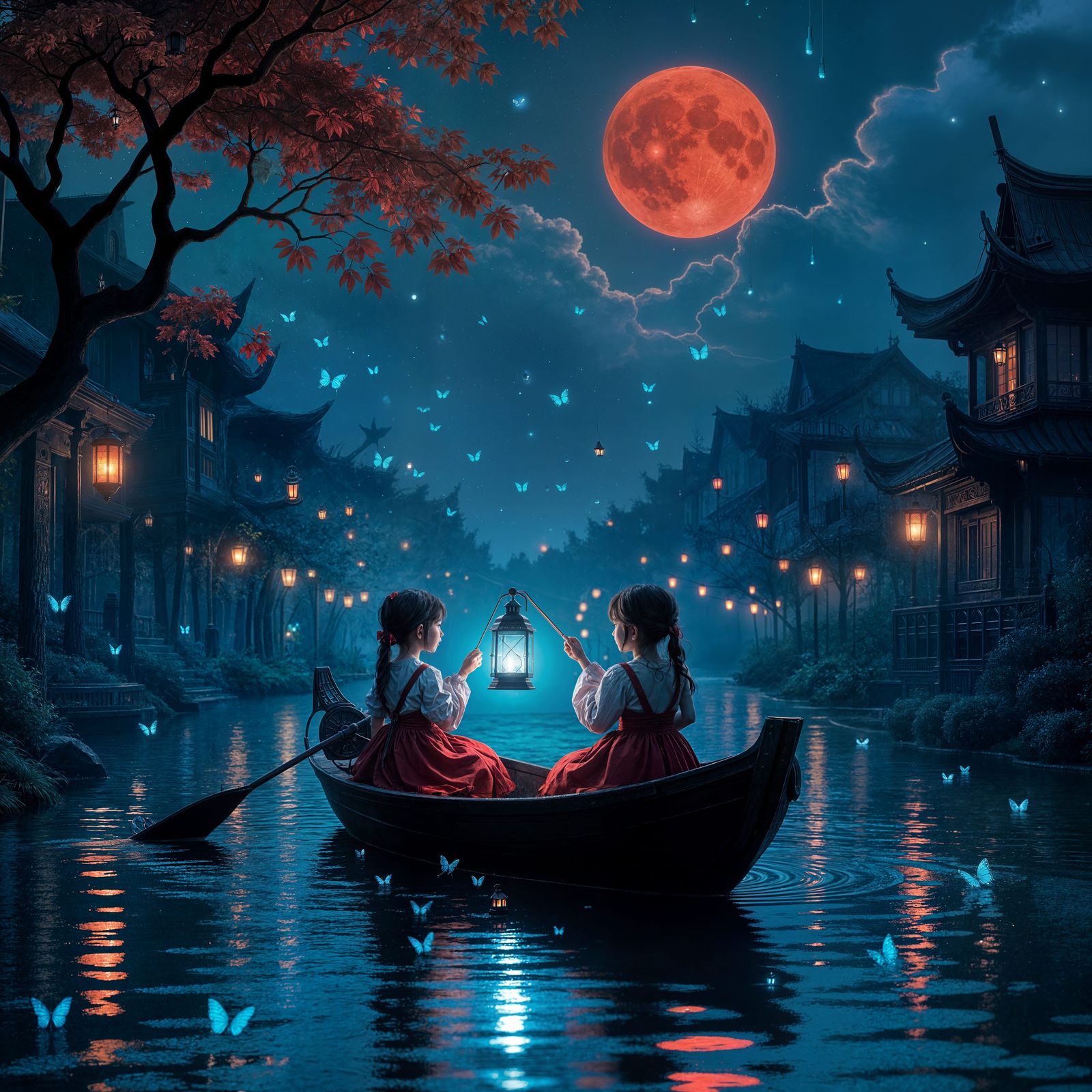Girls with Lanterns on a Serene River