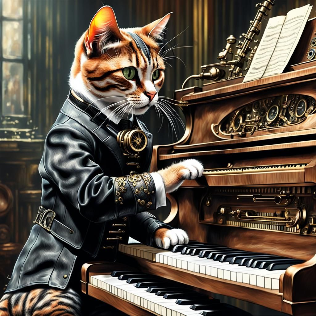 Steampunk Calico Cat Plays Piano, Hyperrealistic Style