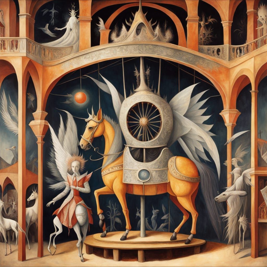 Whimsical Carousel in Dreamlike Landscape Oil Painting