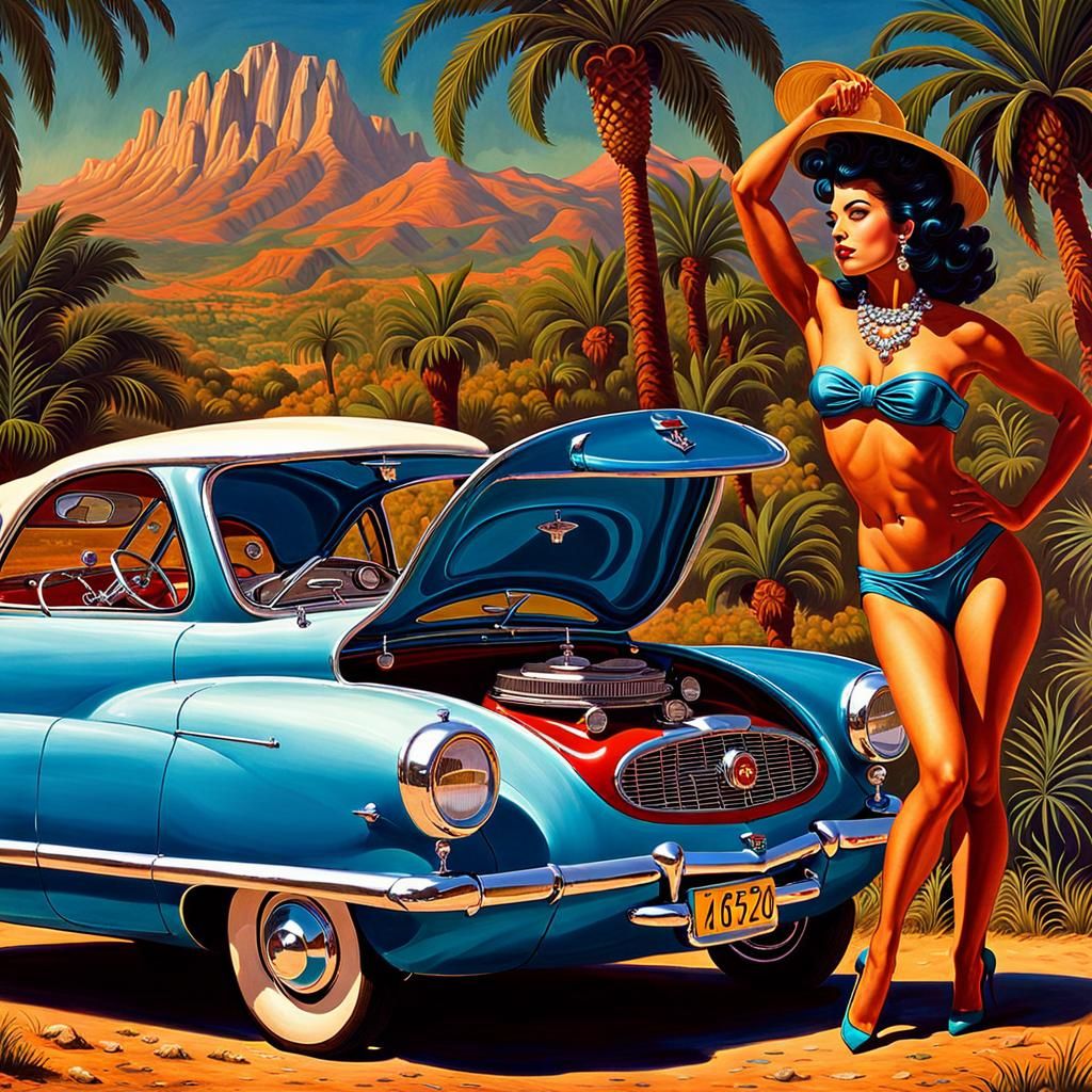 Fantasy Creature with Classic 1950s Metropolitan Car