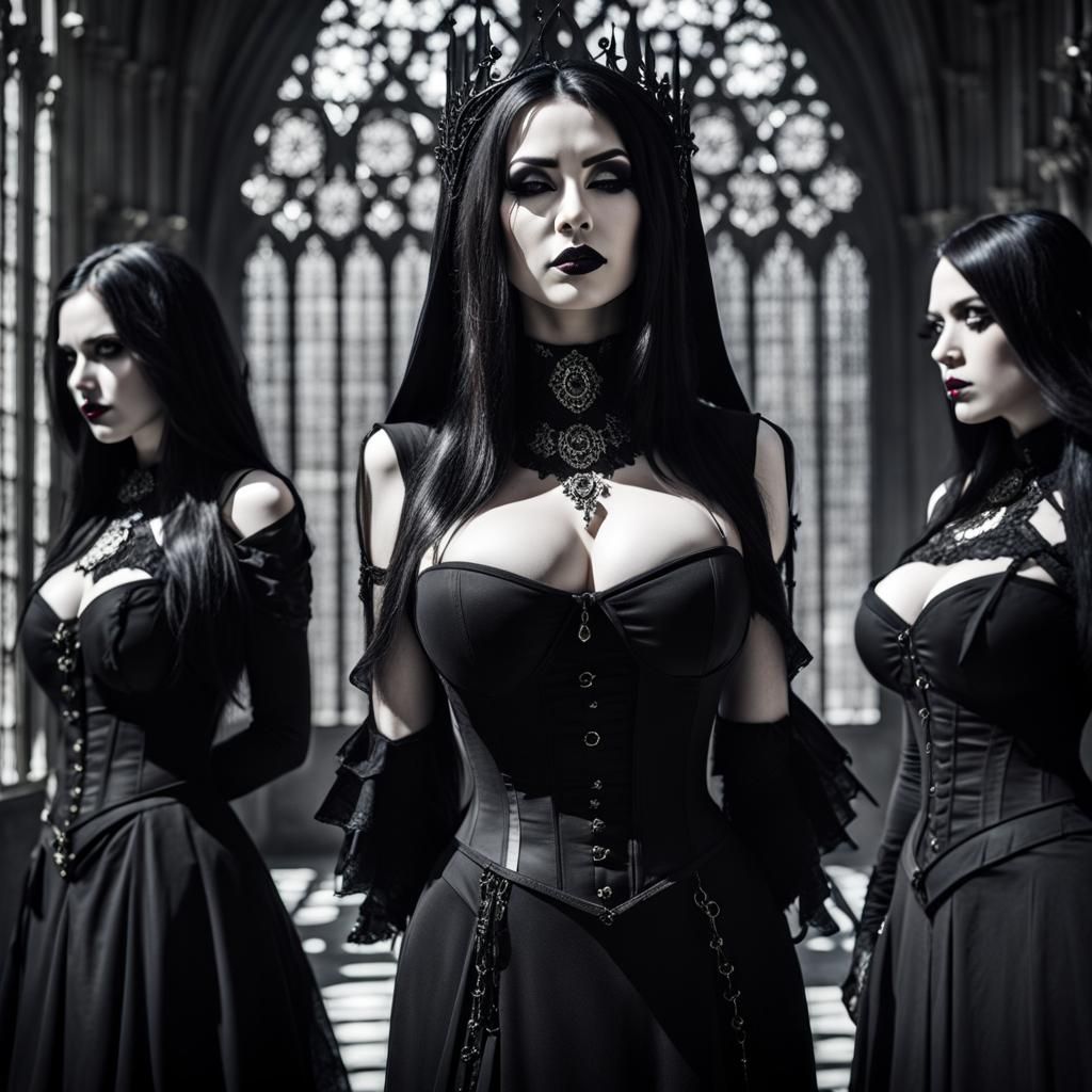 Gothic Cathedral Scene with Three Goth Women