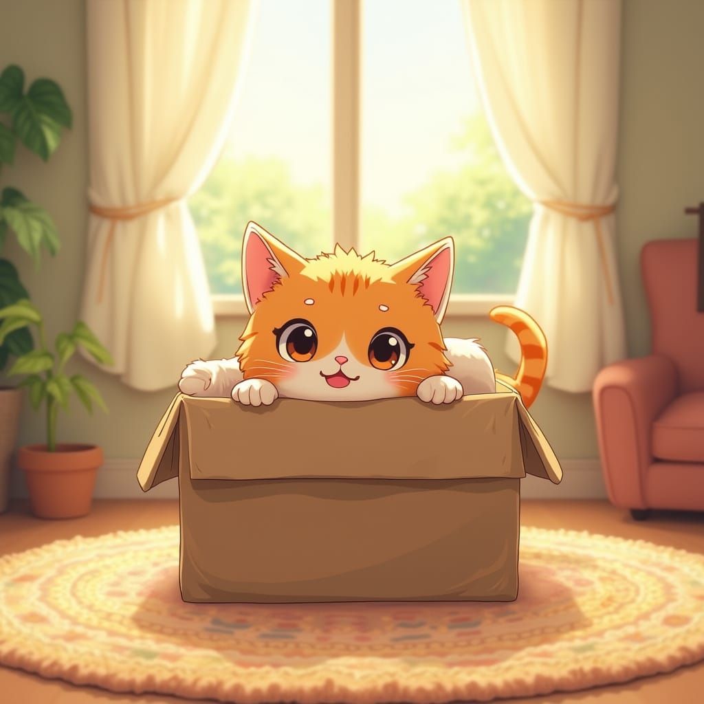 Cartoon Cat Waking Up in Anime Style