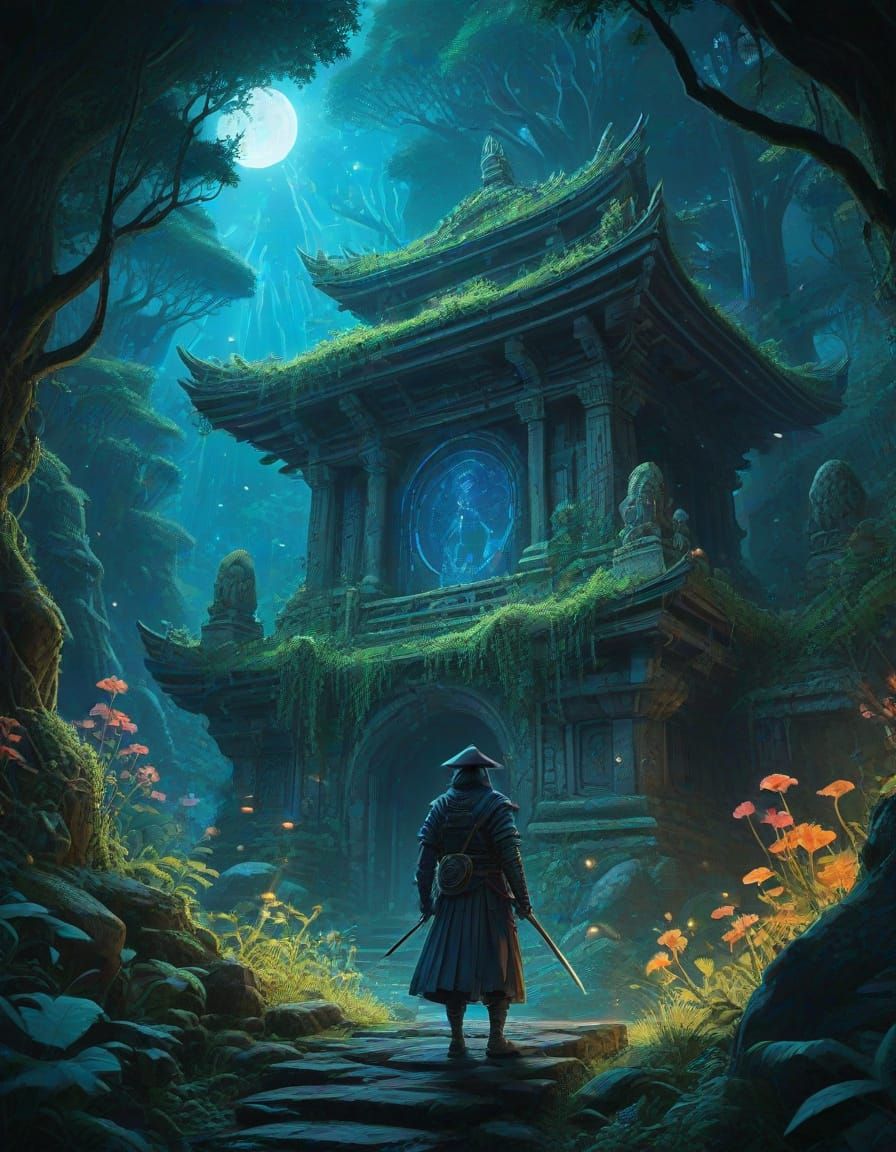 Samurai in Bioluminescent Jungle Ruins