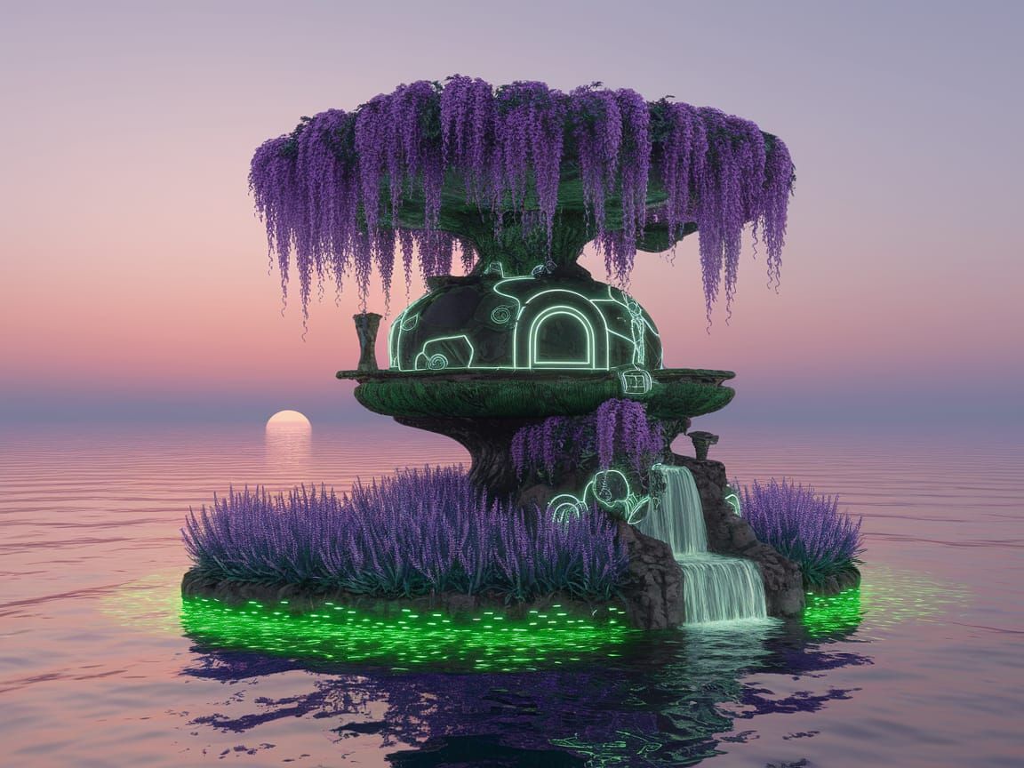 Futuristic Treehouse with Bioluminescent Neon Elements