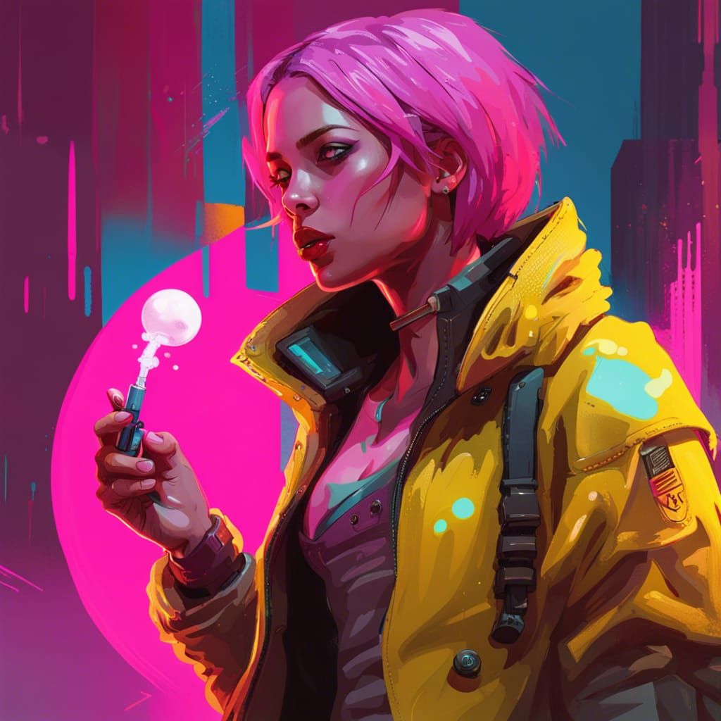 Girl with Revolver in Cyberpunk Neon Style