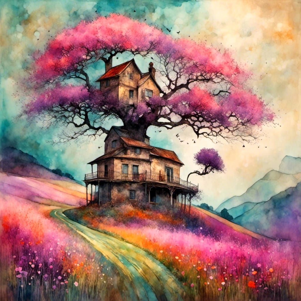 House and Tree on Hill in Liquid Ink Style
