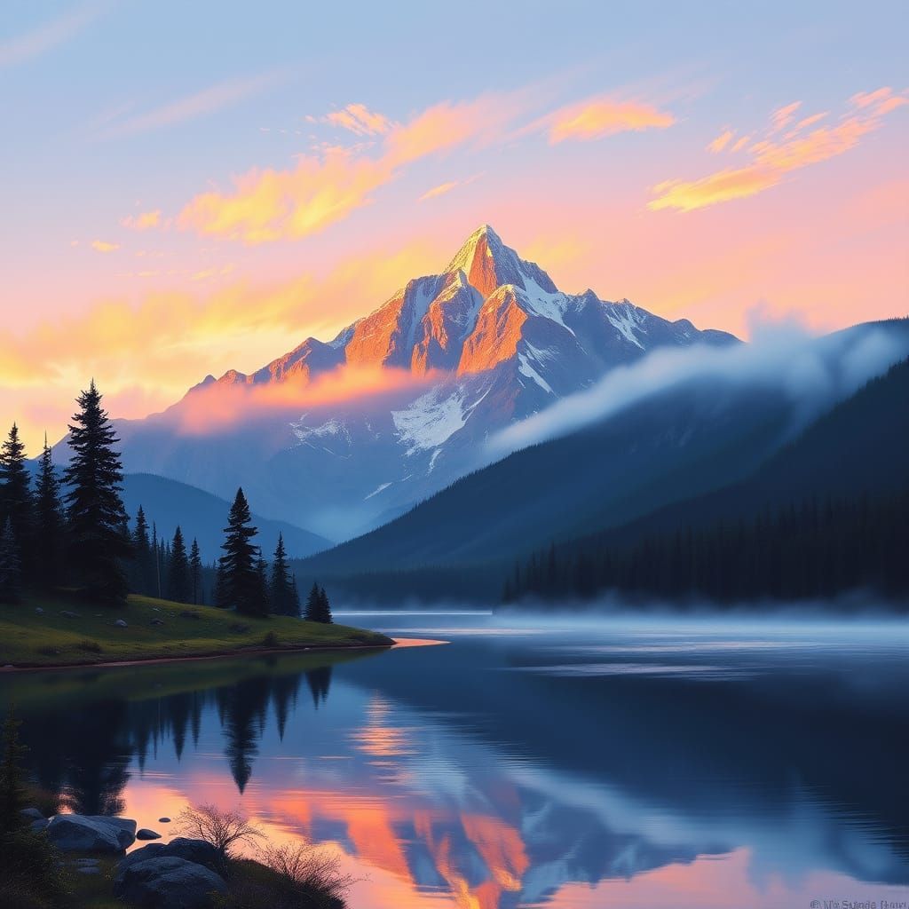 Luminous Mountain Sunrise in Dreamy, Impressionist Style