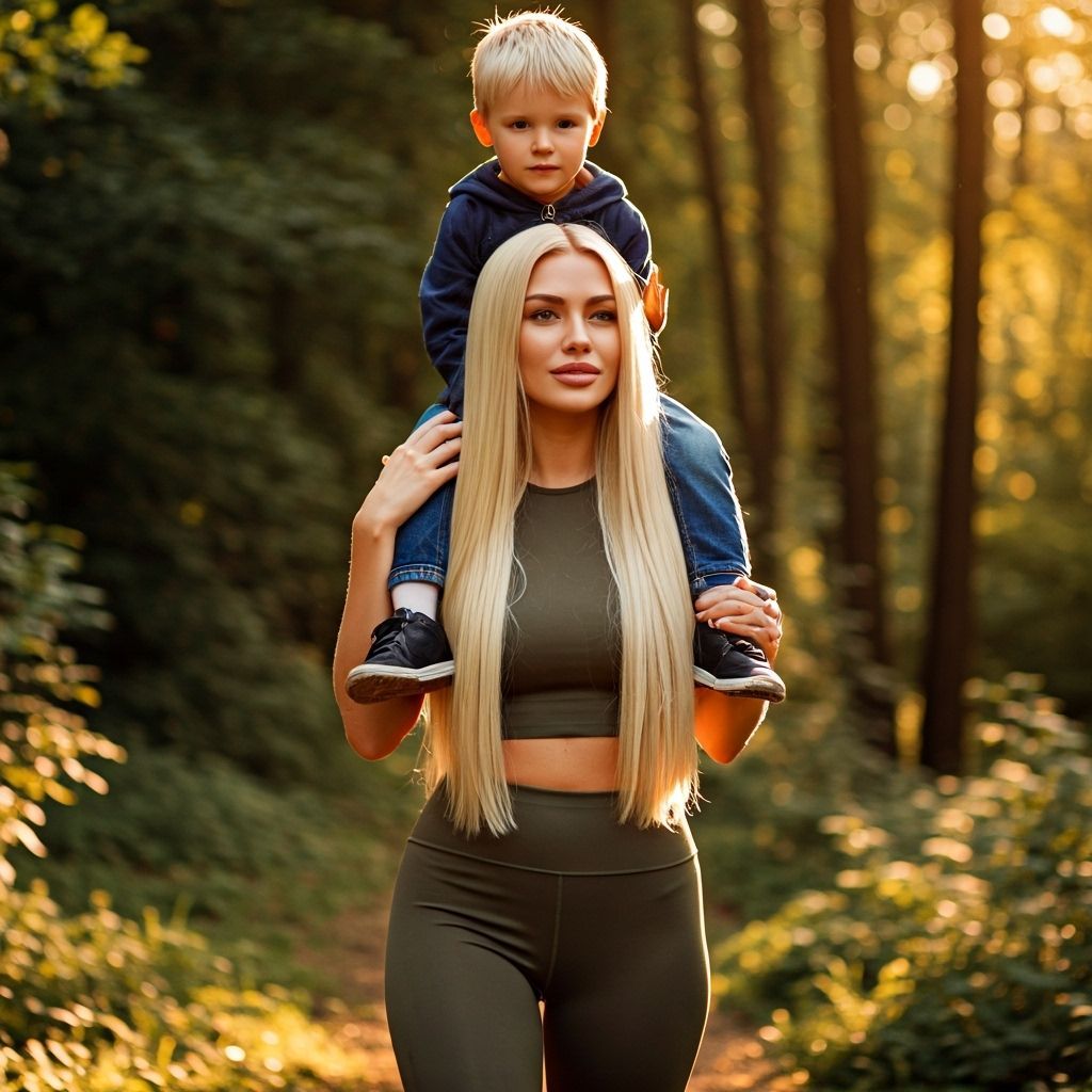 Woman Carrying Boy in Sun-Dappled Forest