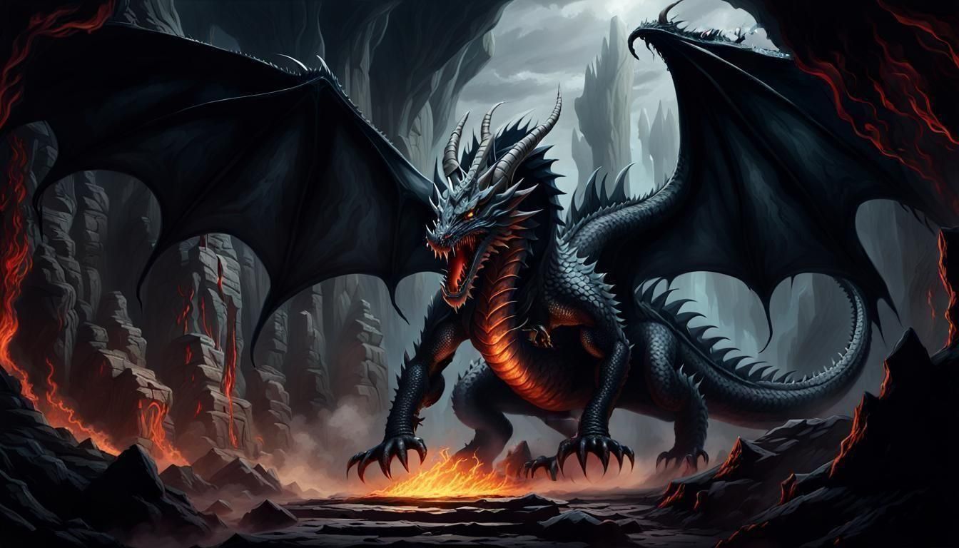 Black Dragon in Cavernous Lair: Photorealistic Fantasy Horro...