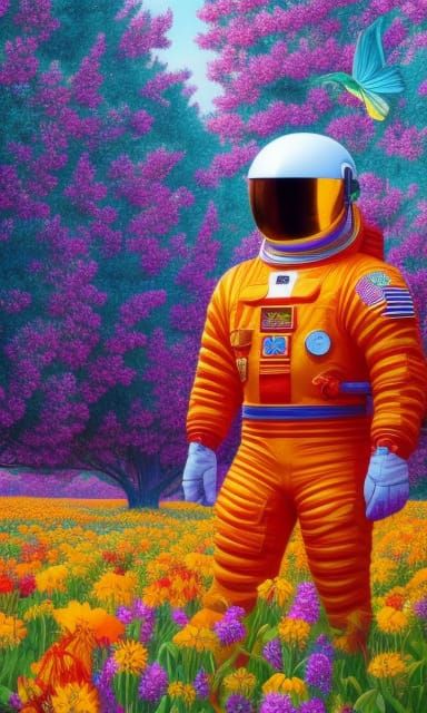 Vibrant Astronaut in Surreal Flower Field: Oil Painting