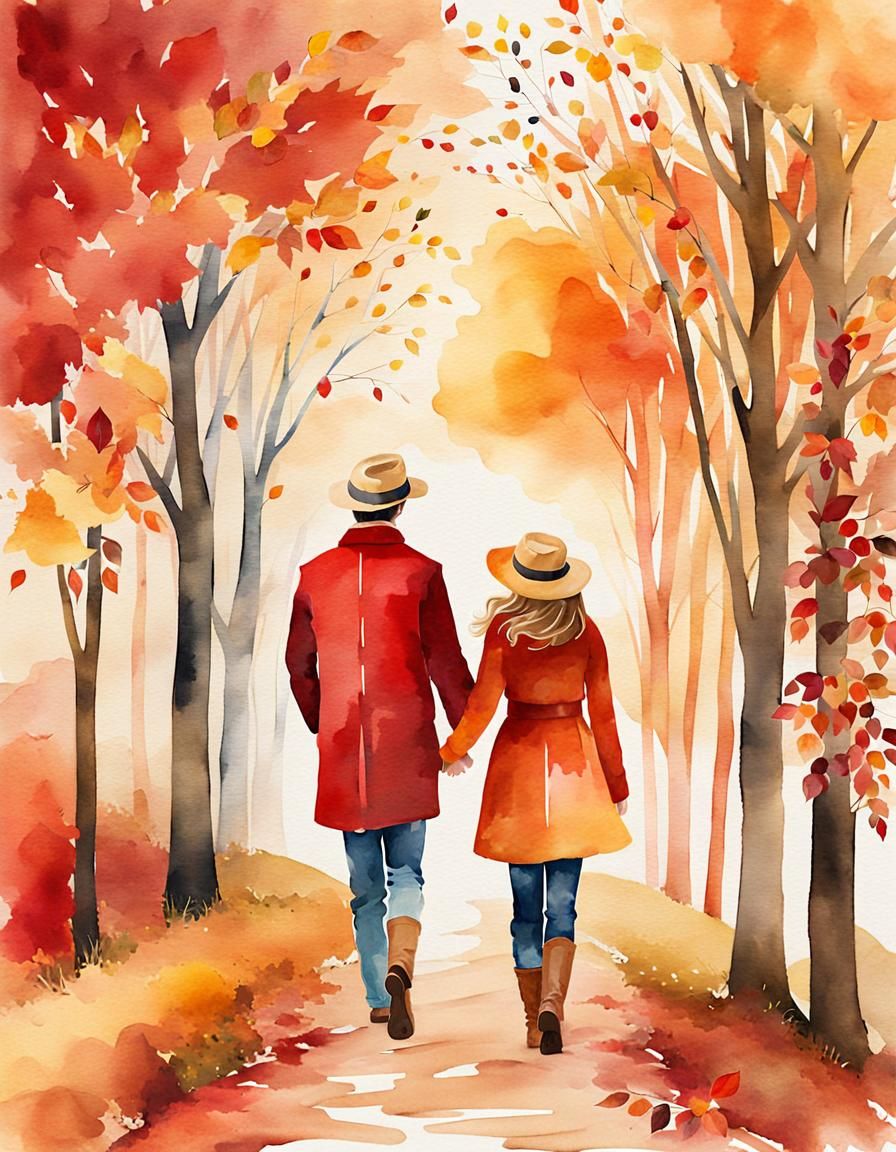 Cozy Autumn Stroll Watercolor Art Print in Warm Golden Light