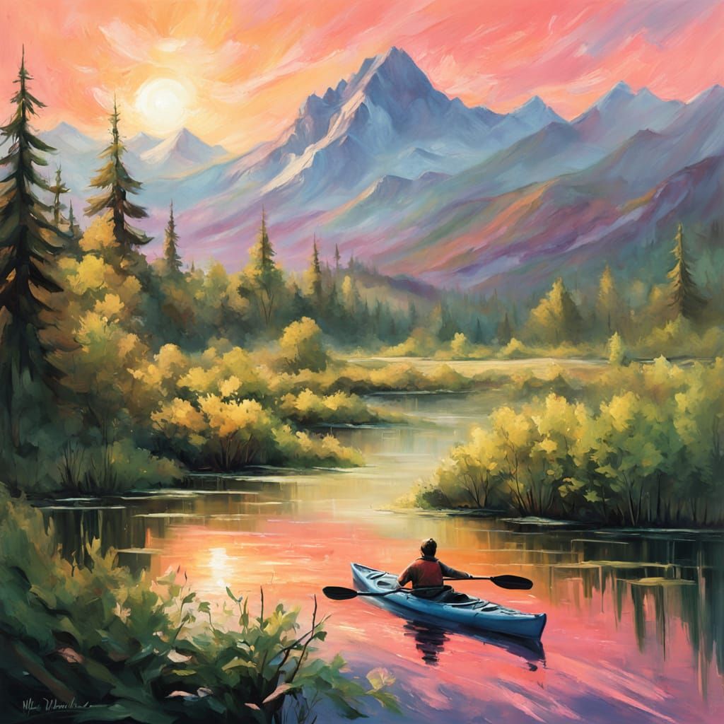 Kayaker in Swampy Woodland at Spring Sunset