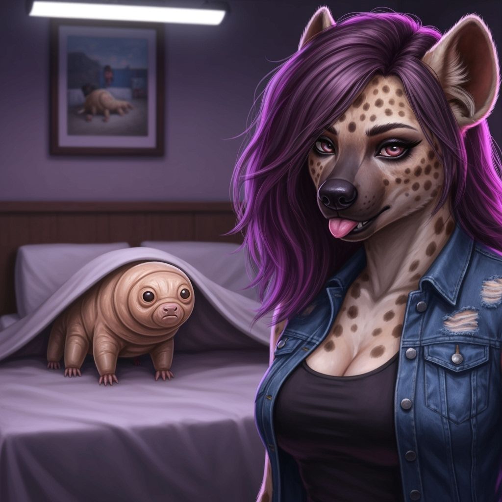 Feminine Hyena Flirts With Giant Tardigrade in Moody Motel