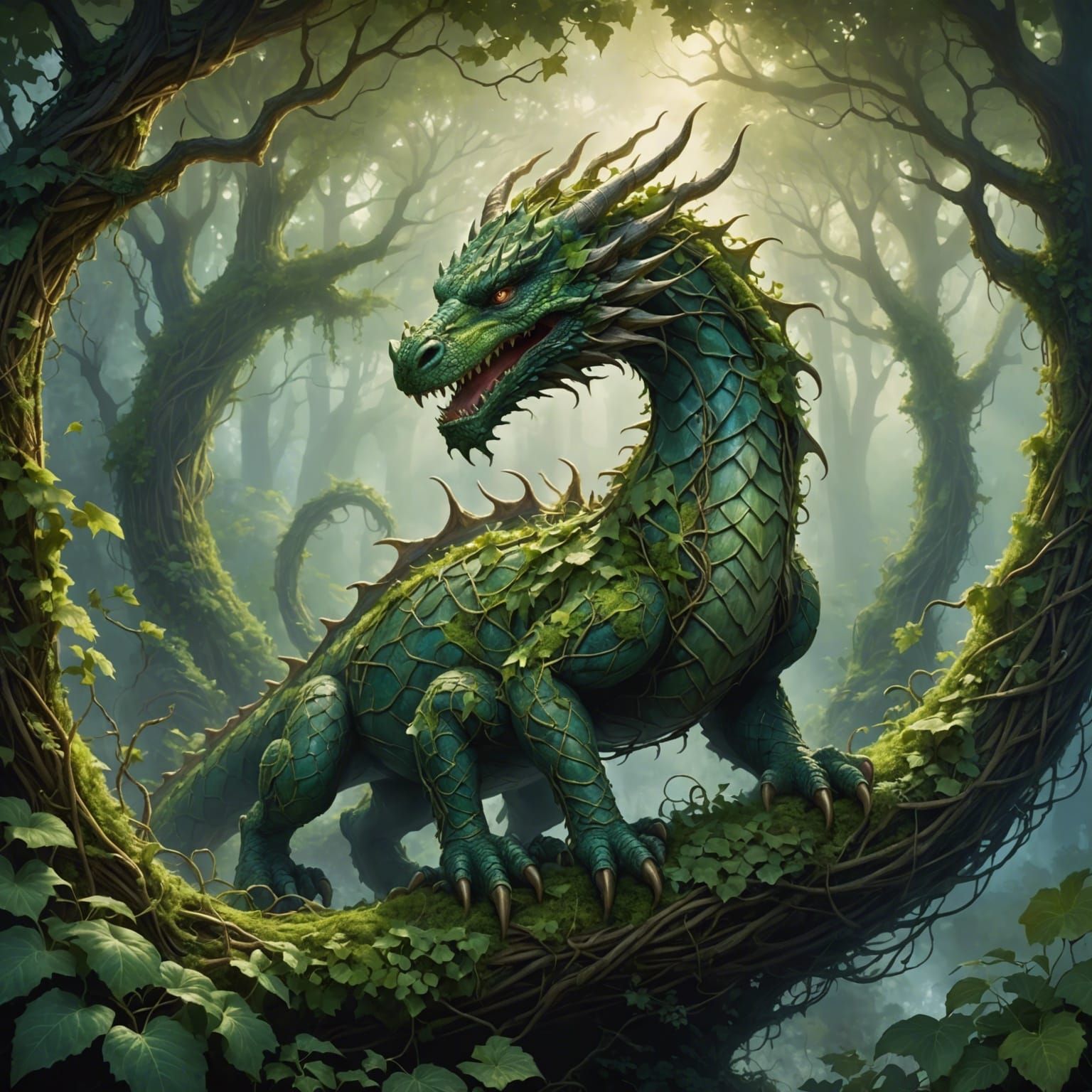 Ethereal Forest Dragon Emerges, Fantasy Art