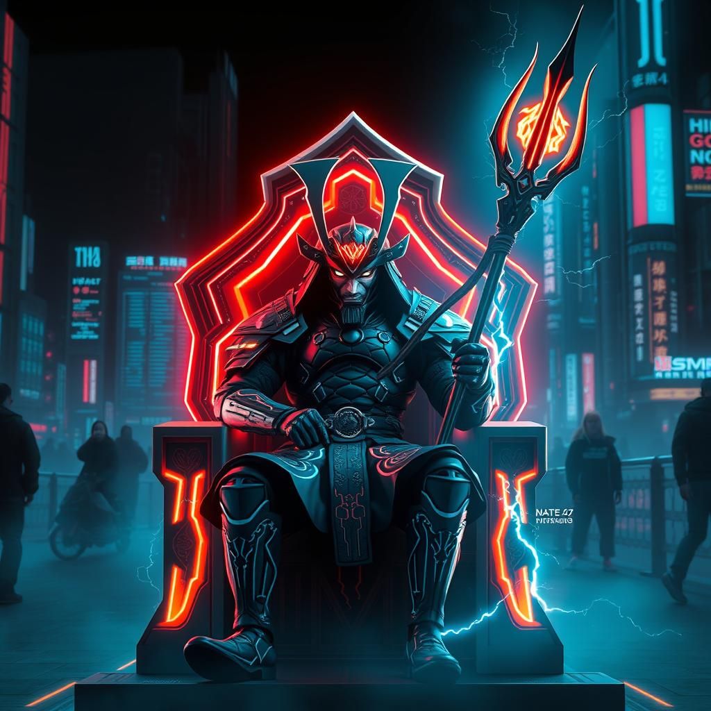 Cyberpunk Samurai in Futuristic Armor with Trident