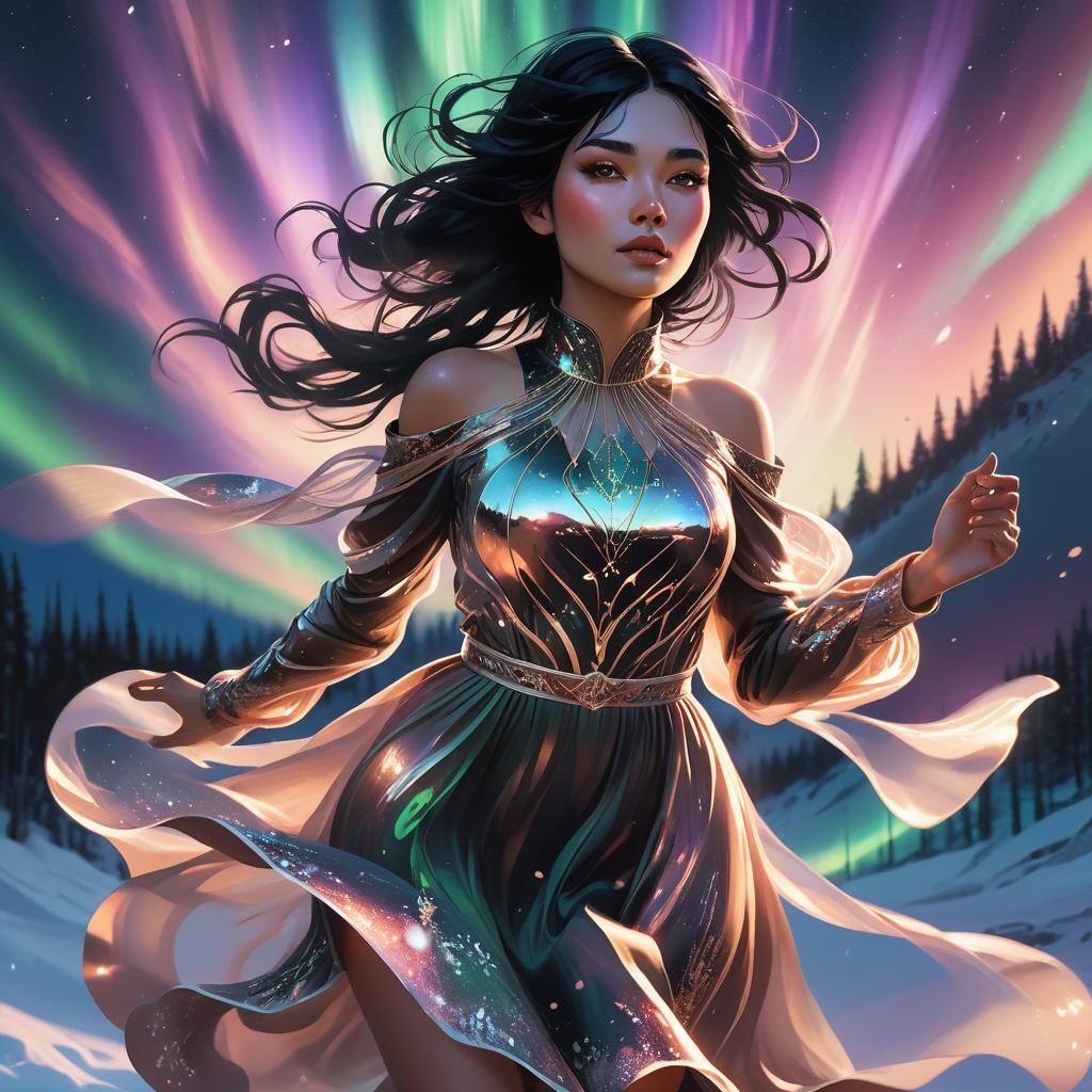 Girl in Rose Gold Dress Under Northern Lights