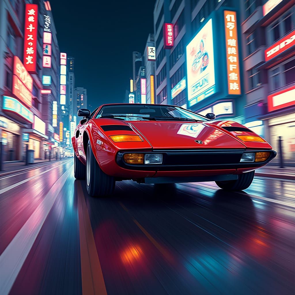 Lamborghini 400GT Races Through Neon Tokyo: Digital Art