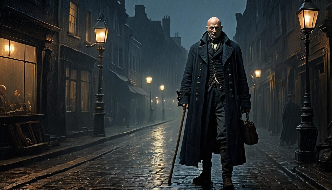 Bald Man with Flintlock Pistol in Rainy Old Town