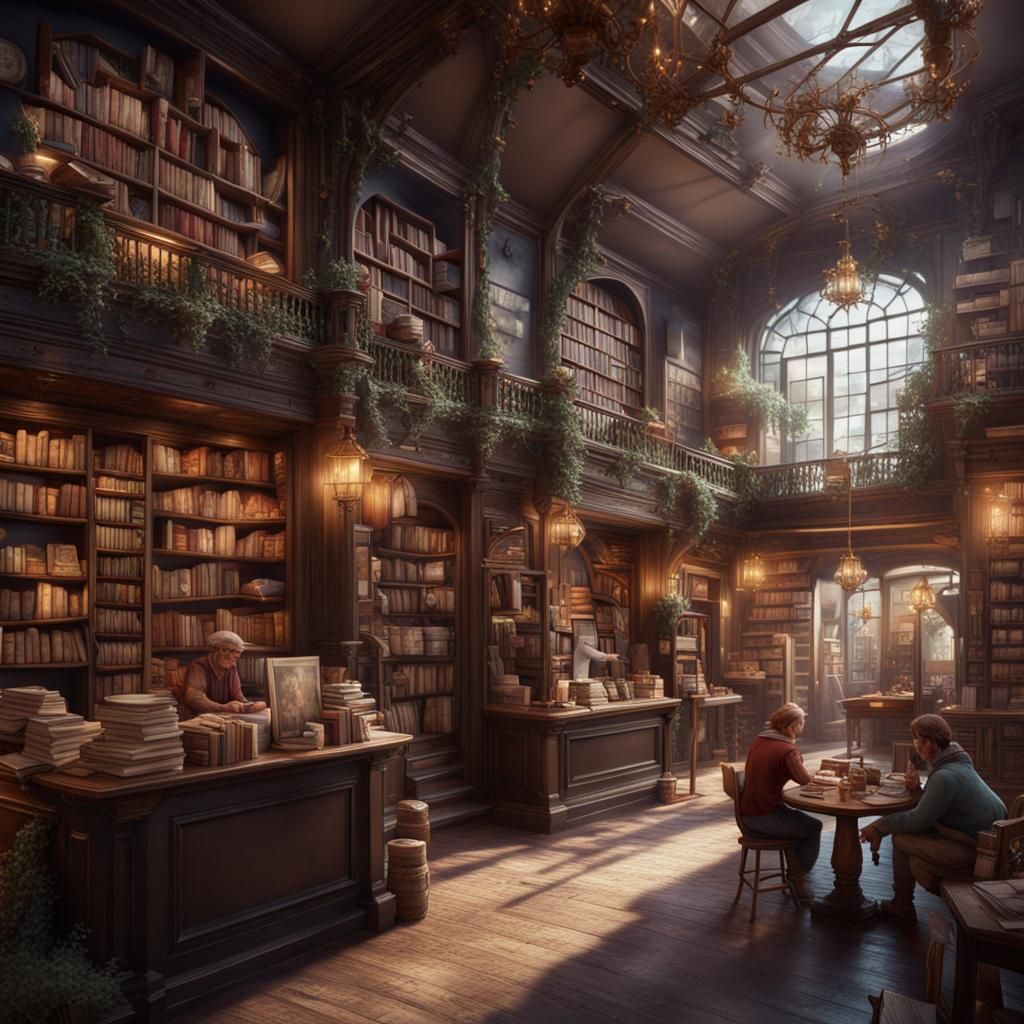 Cozy Bookstore Cafe: Detailed Matte Painting