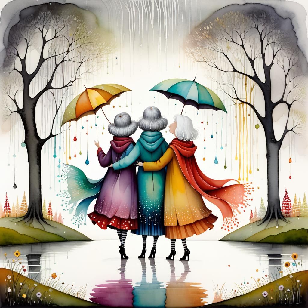 Whimsical Rain Dance: Surreal Alcohol Ink Illustration