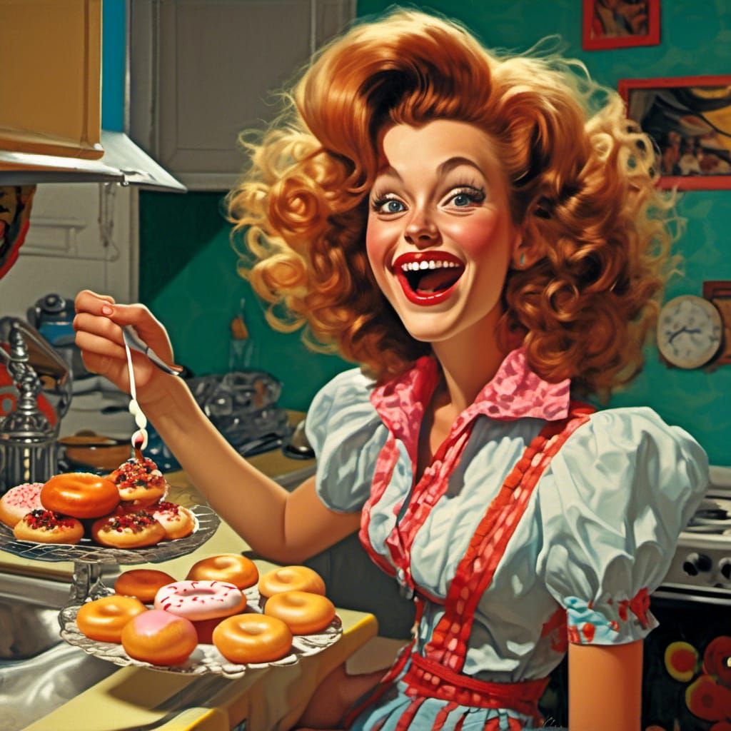 1950s Housewife Enjoys Donut in Pop Surrealism Kitchen
