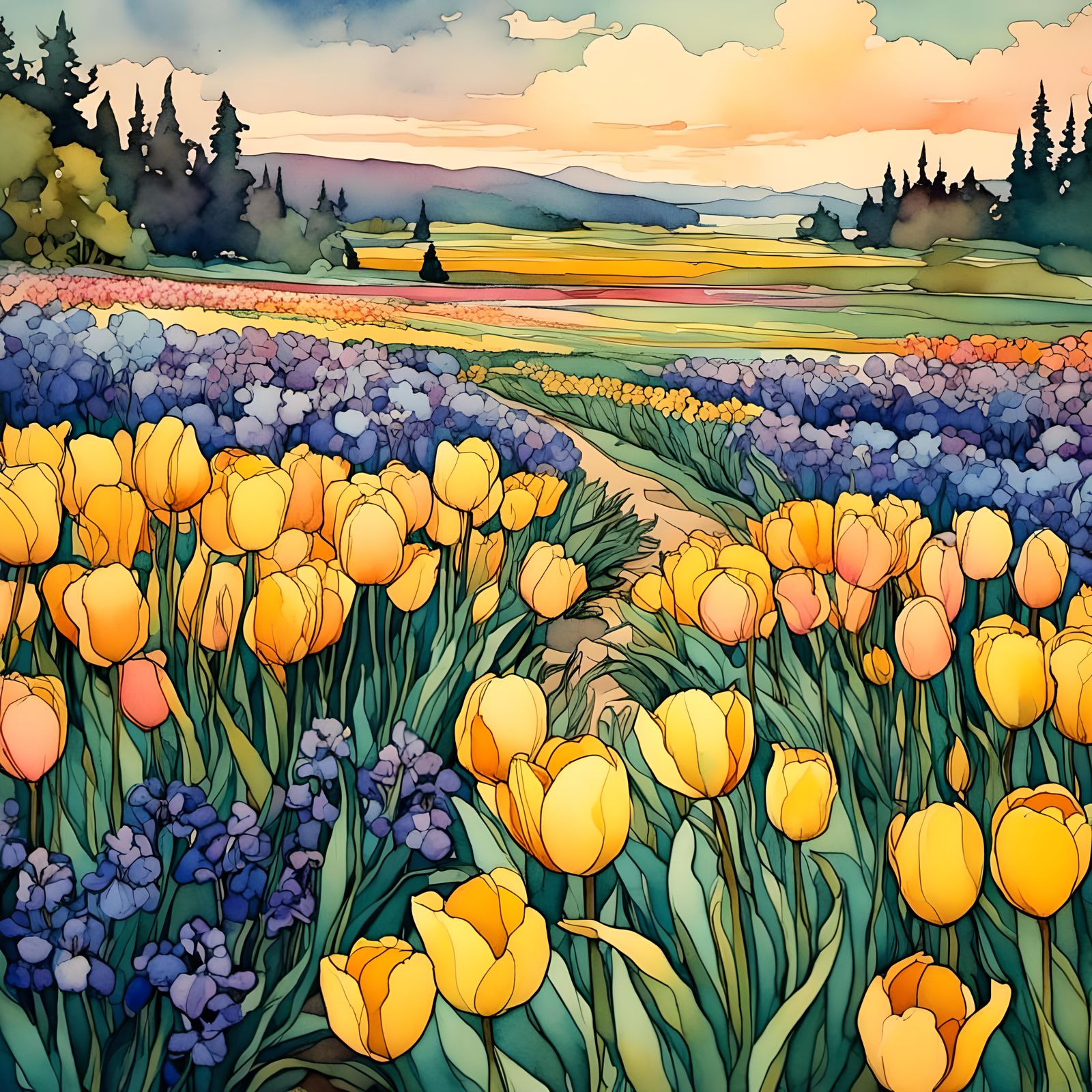 Art Nouveau Watercolor Field of Spring Flowers
