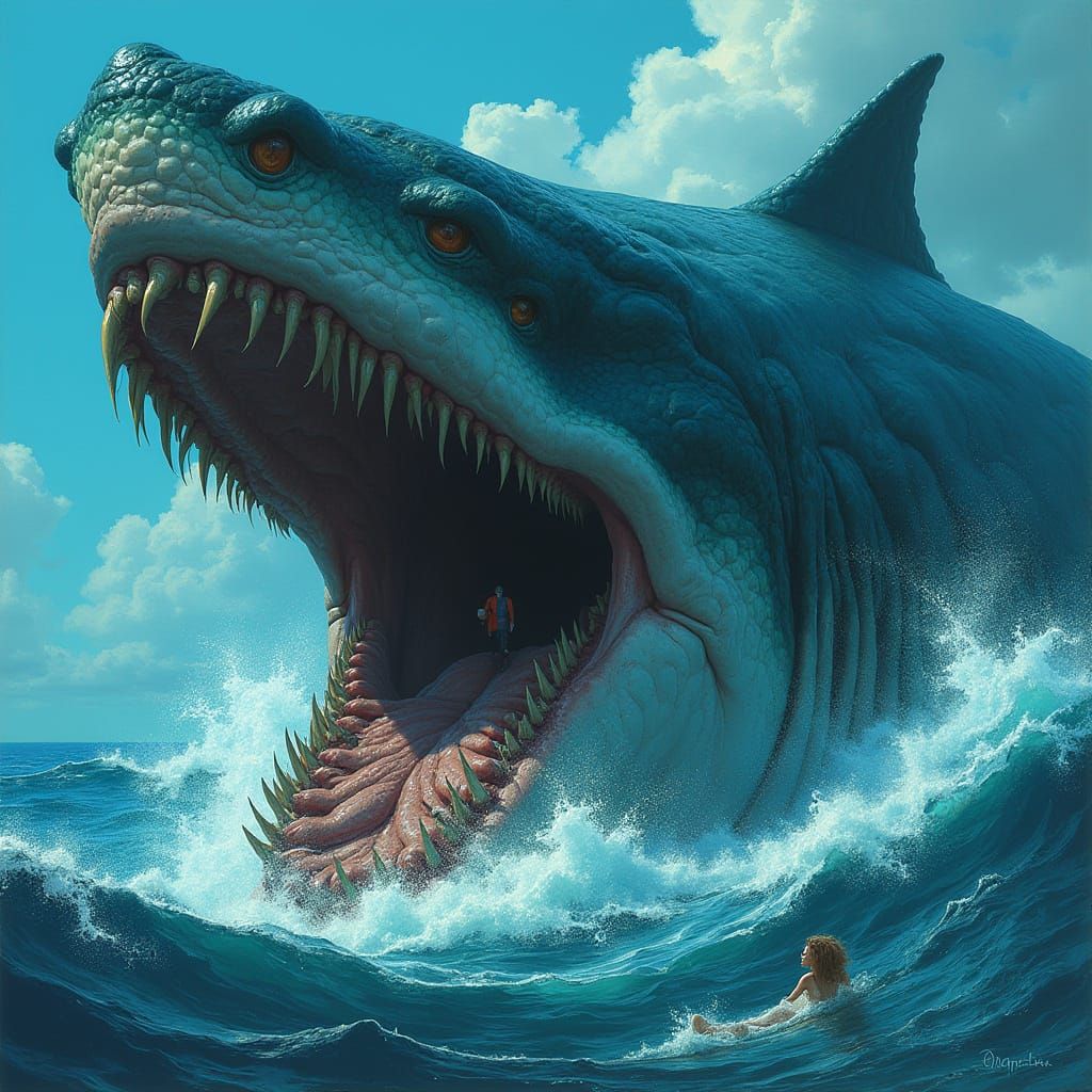 Colossal Sperm Whale Engulfs Diver in Turbulent Seascape