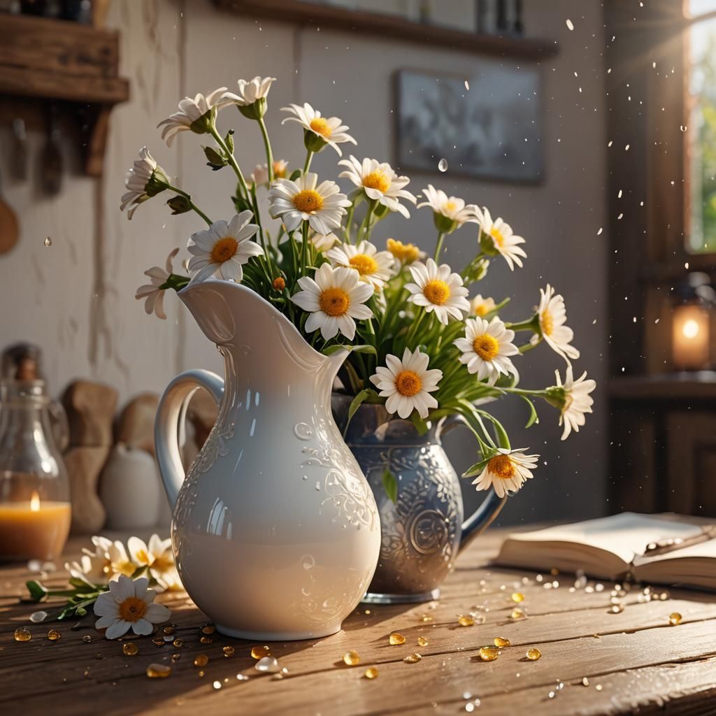 Flowers in Milk Jug: Vibrant Fantasy Still Life