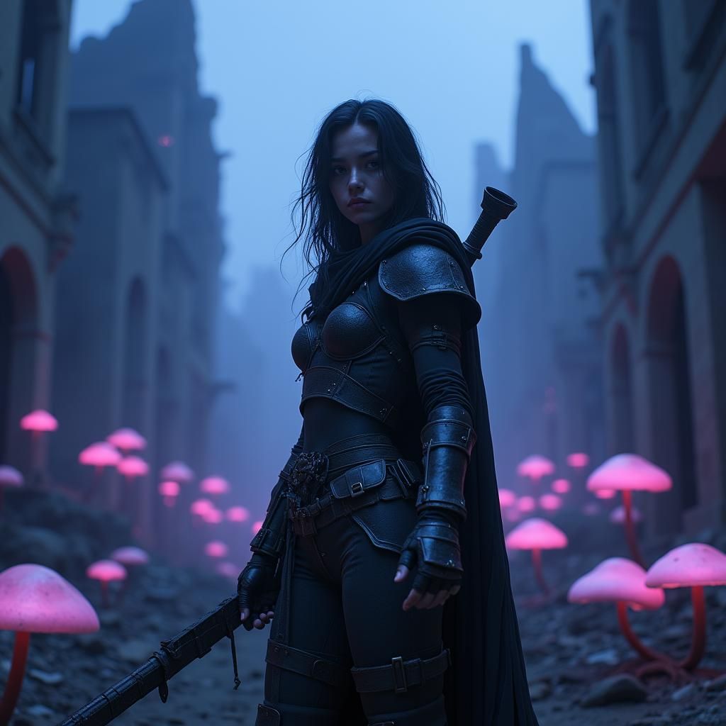 Apocalyptic Warrior in Ruined Metropolis, Film Noir Style