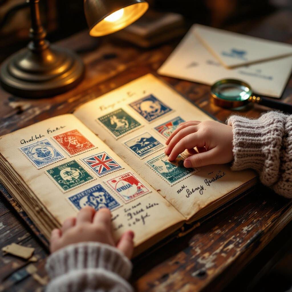 Child's Hand Exploring Vintage Stamp Collection