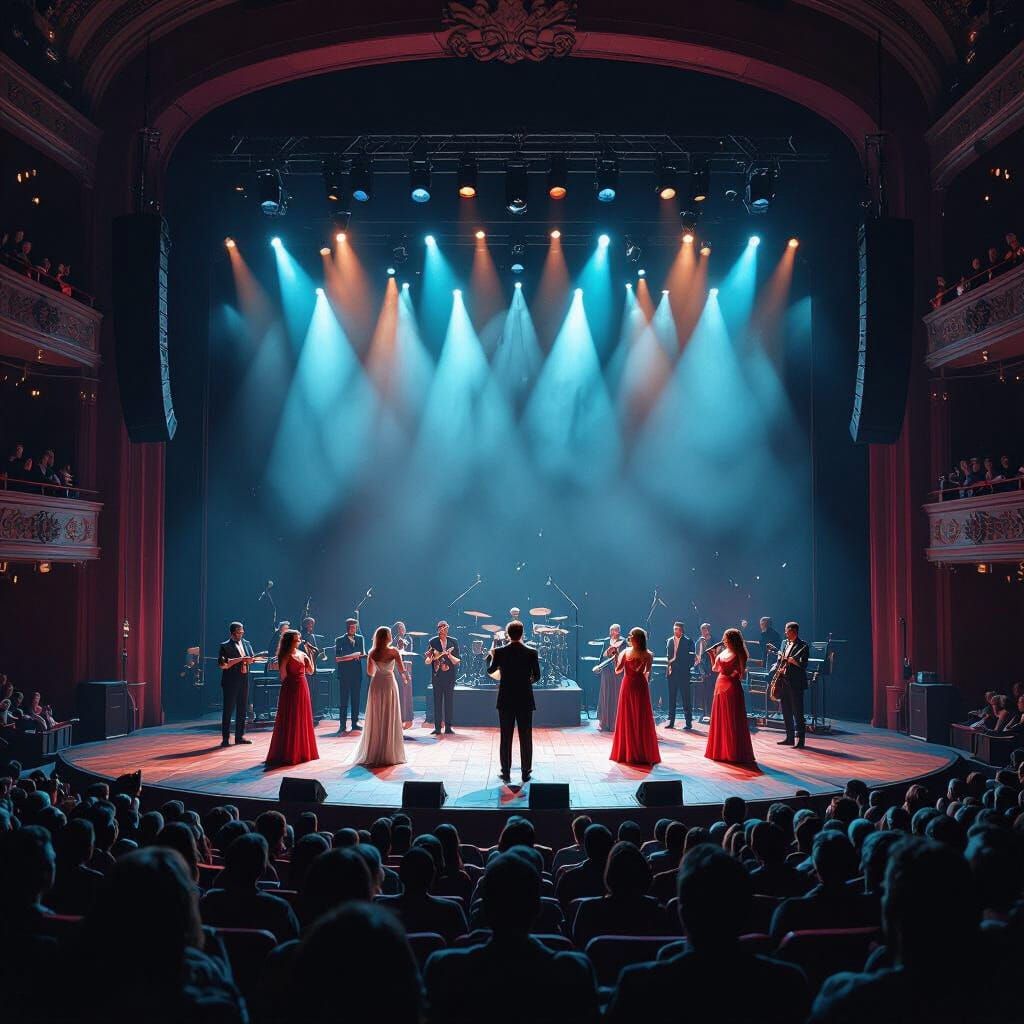 Concert Performers Singing On Stage In Red And Blue Light