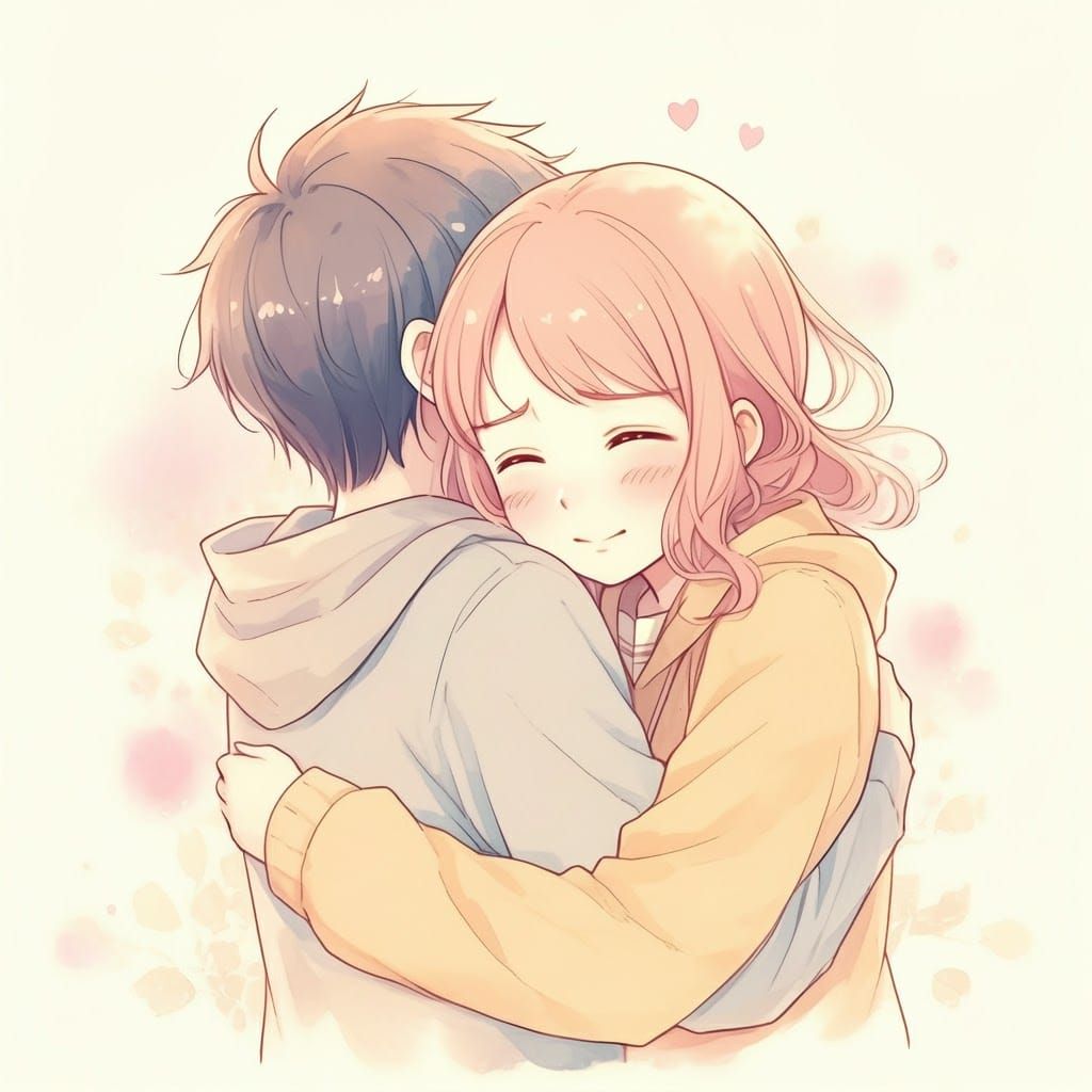 Heartfelt Embrace in Manga Style with Pastel Hues